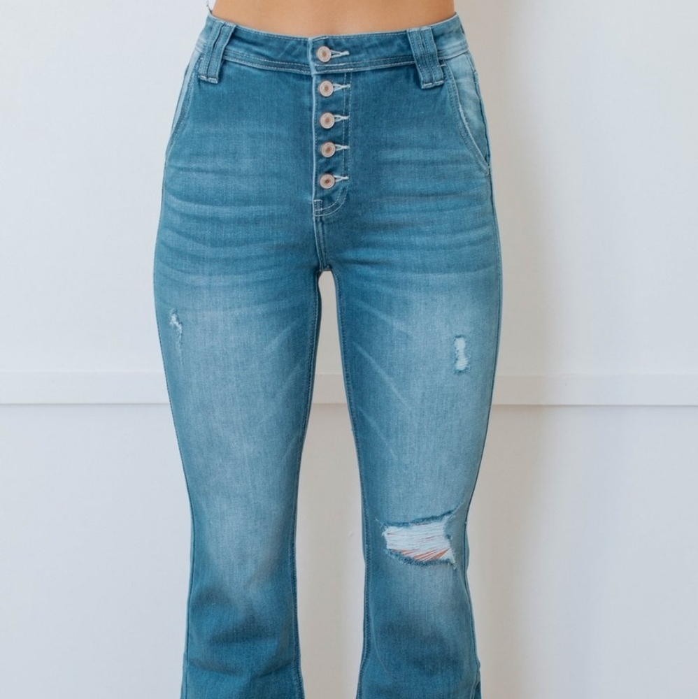 High Rise Waist Flare Distressed Denim Jeans Bell Bottom Wide Leg - Picture 3 of 4